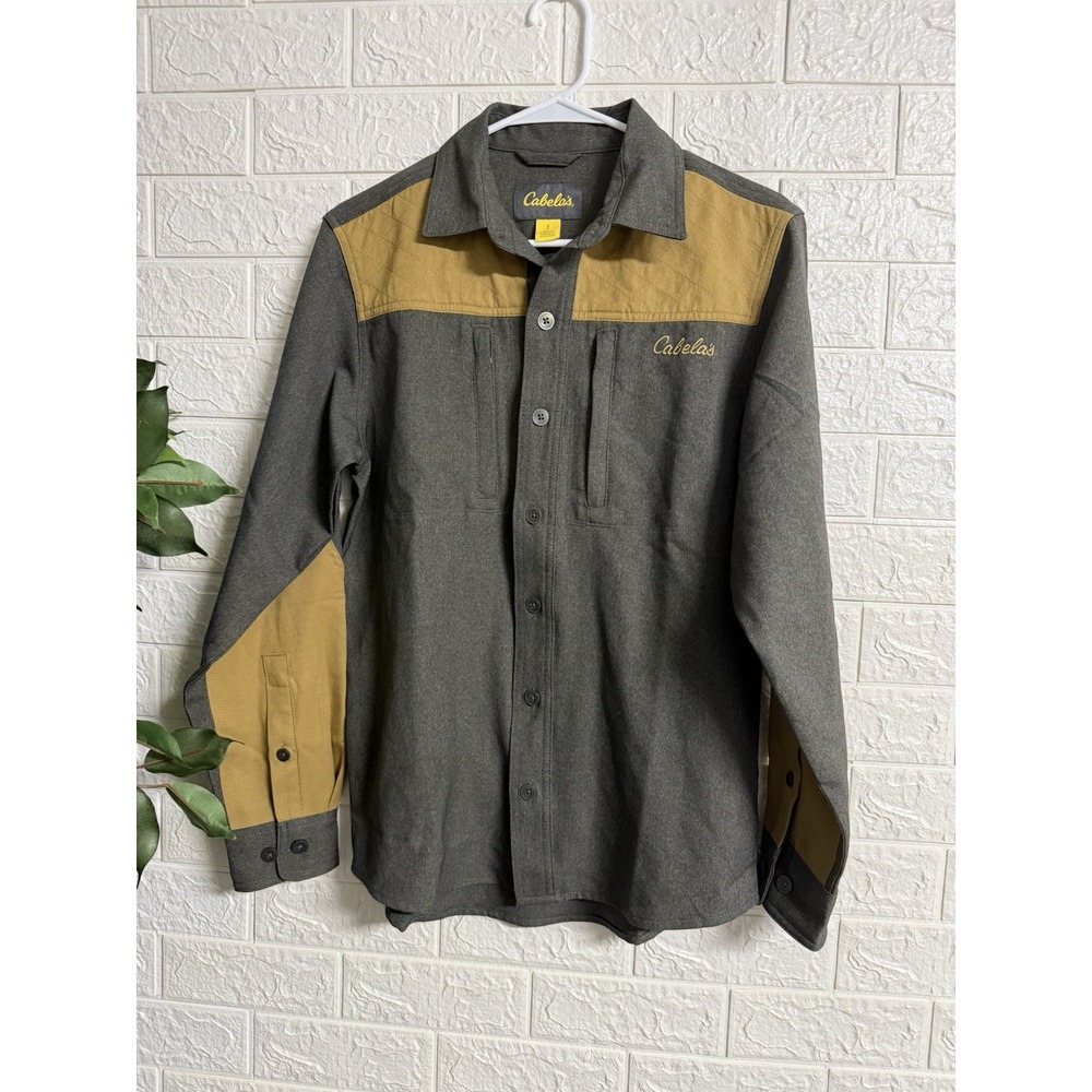Cabelas Guidewear Mens Small Grey Tan Button Up Zip Pockets Fishing Shirt